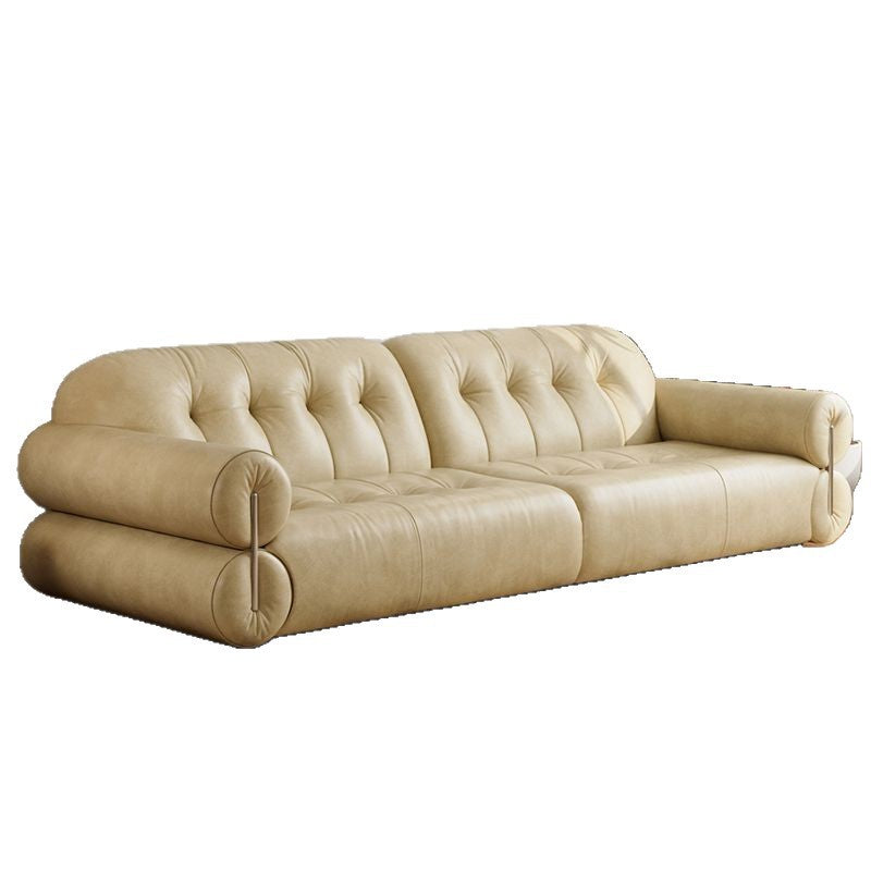 Retro style oil wax leather sofa small apartment living room family apartment medium ancient style old brown straight row French sofa